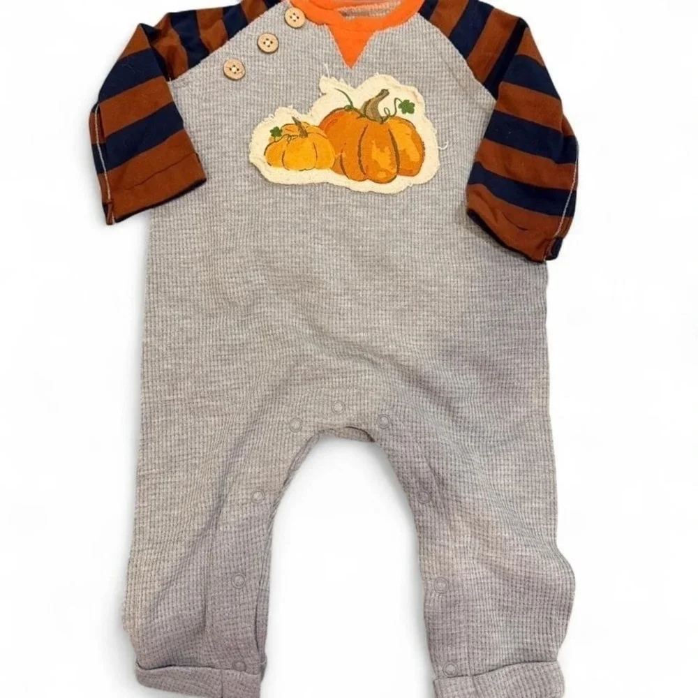 Mud Pie Baby Boys Pumpkin Waffle Knit Romper Gray Orange Striped Fall 3-6 Months